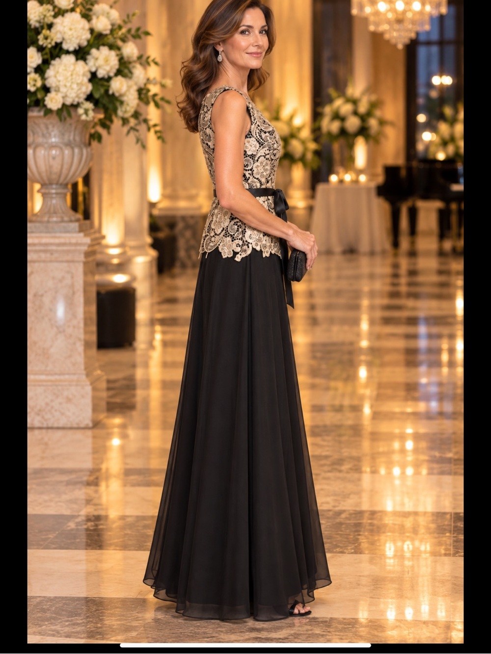 Alex Evenings Size 12 Black Gold Lace Formal Evening Gown 59” Long - Picture 4 of 14